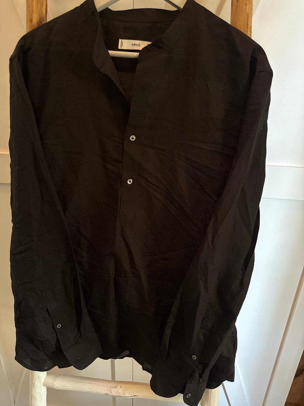MNG Men’s Mango Mandarin Collar Linen & Cotton Button-Up Shirt Black Medium